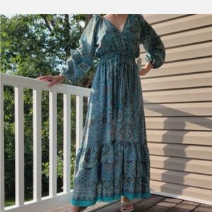 Anthropologie Blue Patterned Long Sleeve Dress